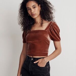 NWT Madewell Hopewell Puff-Sleeve Crop Top in Silk-Blend Velvet